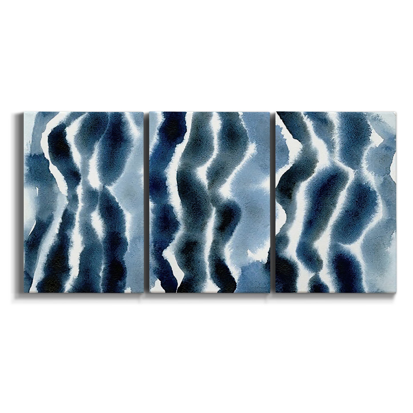 Three-panel canvas wall art featuring flowing blue watercolor wave forms on white background.