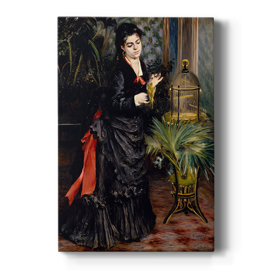 Canvas art print featuring an impressionist portrait of a woman with a parakeet in a lush setting on a clean white background.