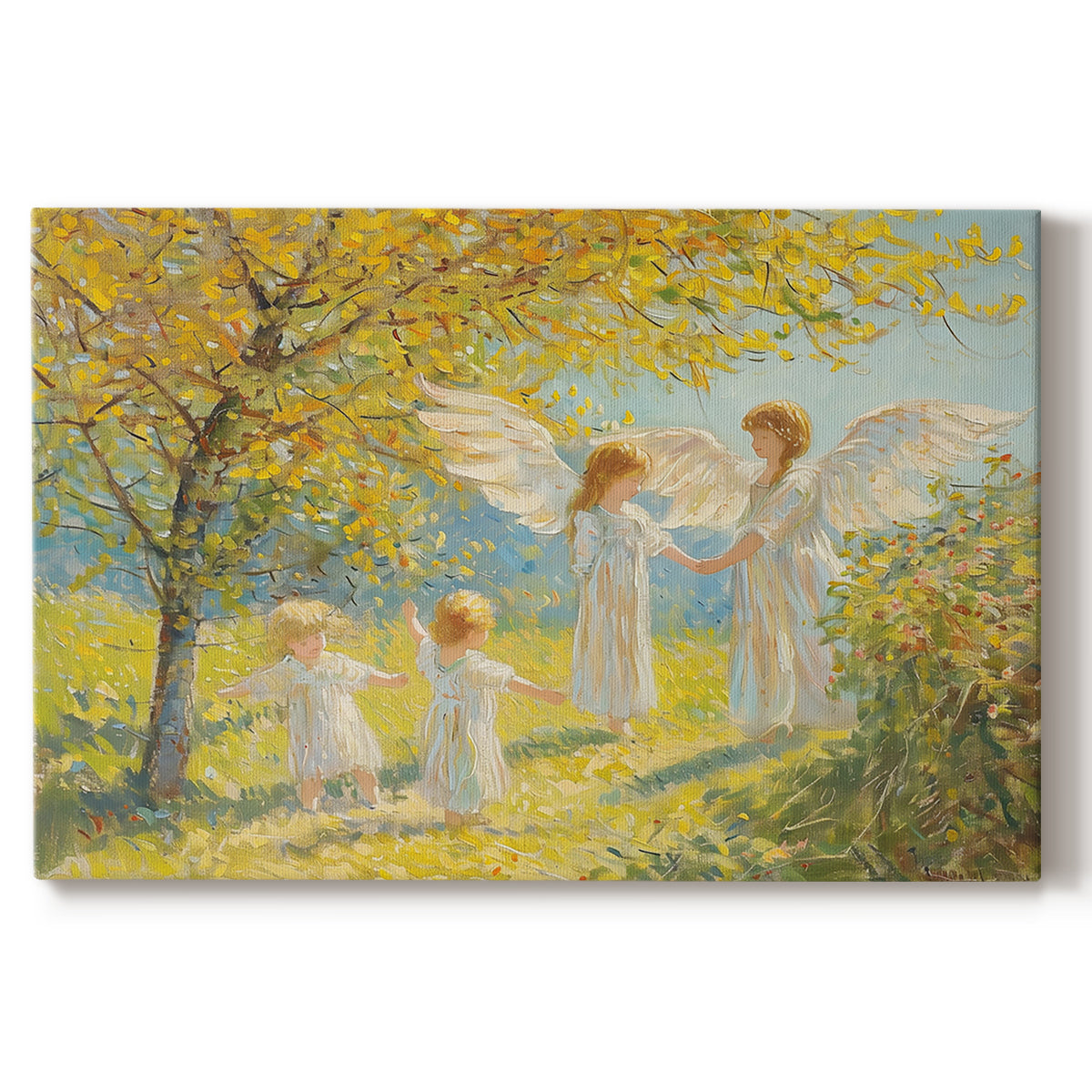 children,angels,garden,play,sunlight,tree,autumn,happiness,innocence,nature,floral,whimsical,bright,outdoors,joy,companionship,youth,beauty,wings,arts,laughter,freedom,warmth,love,fairytale,enchantment,serenity,landscape,colors,togetherness,imagination,wonder,gentle,peaceful,soft,pastoral,charming,delightful,dreams,spirit,childhood,ethereal