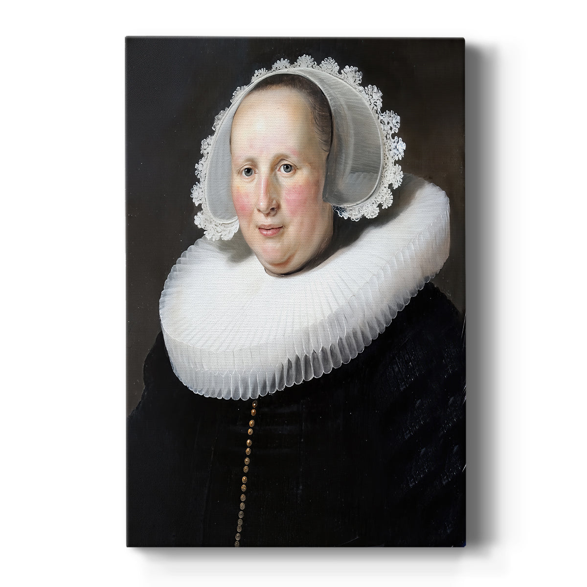 Canvas art print featuring a Baroque portrait of a woman in dark attire with soft warm light on a clean white background.