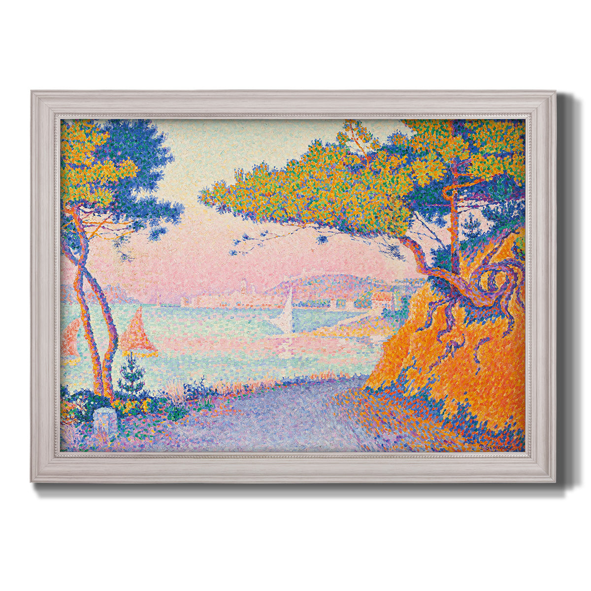Pointillist coastal seascape by Paul Signac printed on canvas in an ornate weathered white frame.