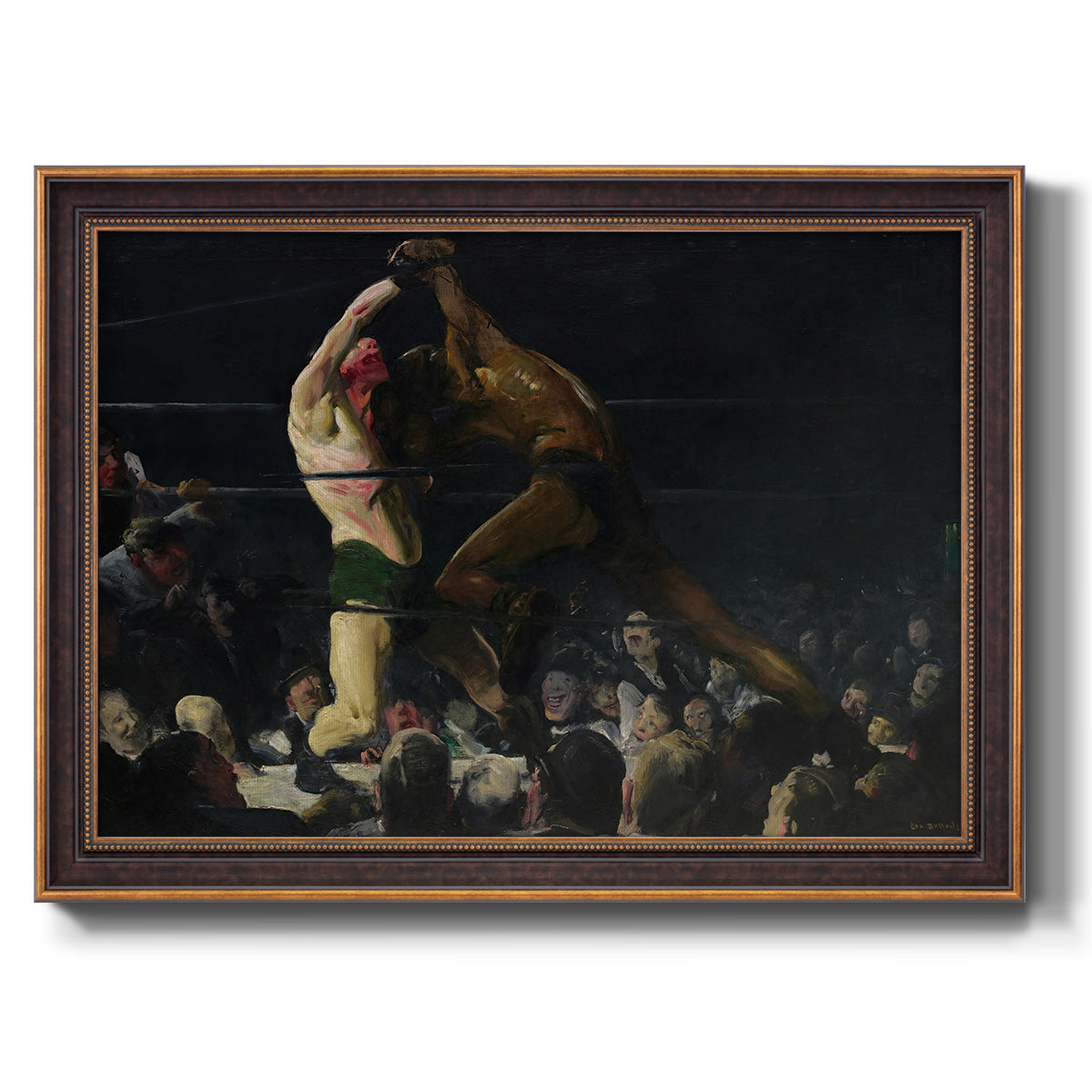American genre painting of men in a social club by George Bellows printed on canvas in an ornate bronzed mahogany wood frame.