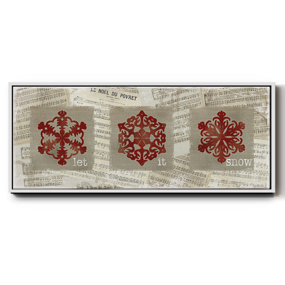 Burlap Music Snowflakes - Floater Framed Canvas Print