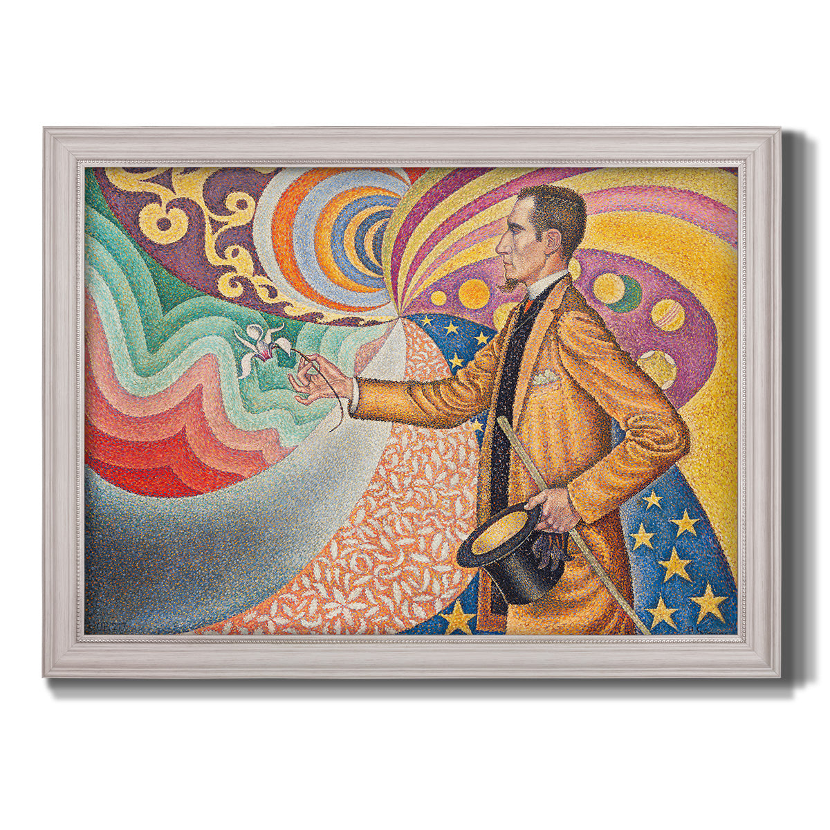 Neo-impressionist abstract portrait by Paul Signac printed on canvas in an ornate weathered white frame.