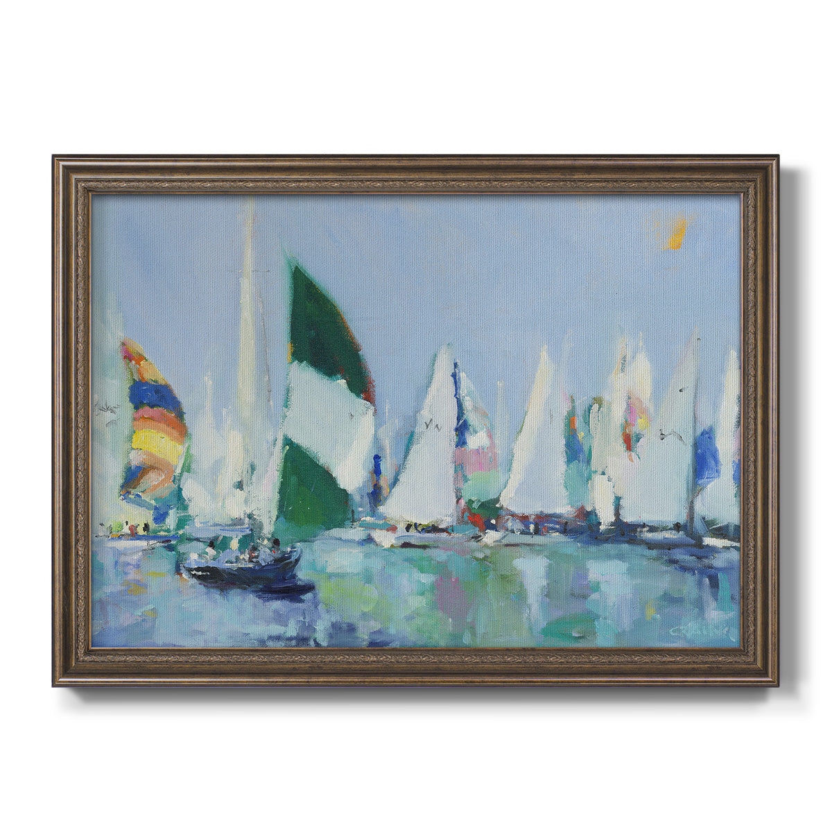 Coastal harbor watercolor painting printed on canvas in an ornate traditional bronze frame.