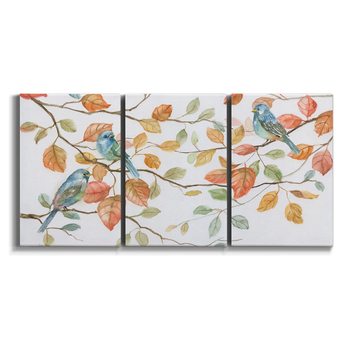 Three-panel canvas wall art featuring decorative bird trio illustration on white background.
