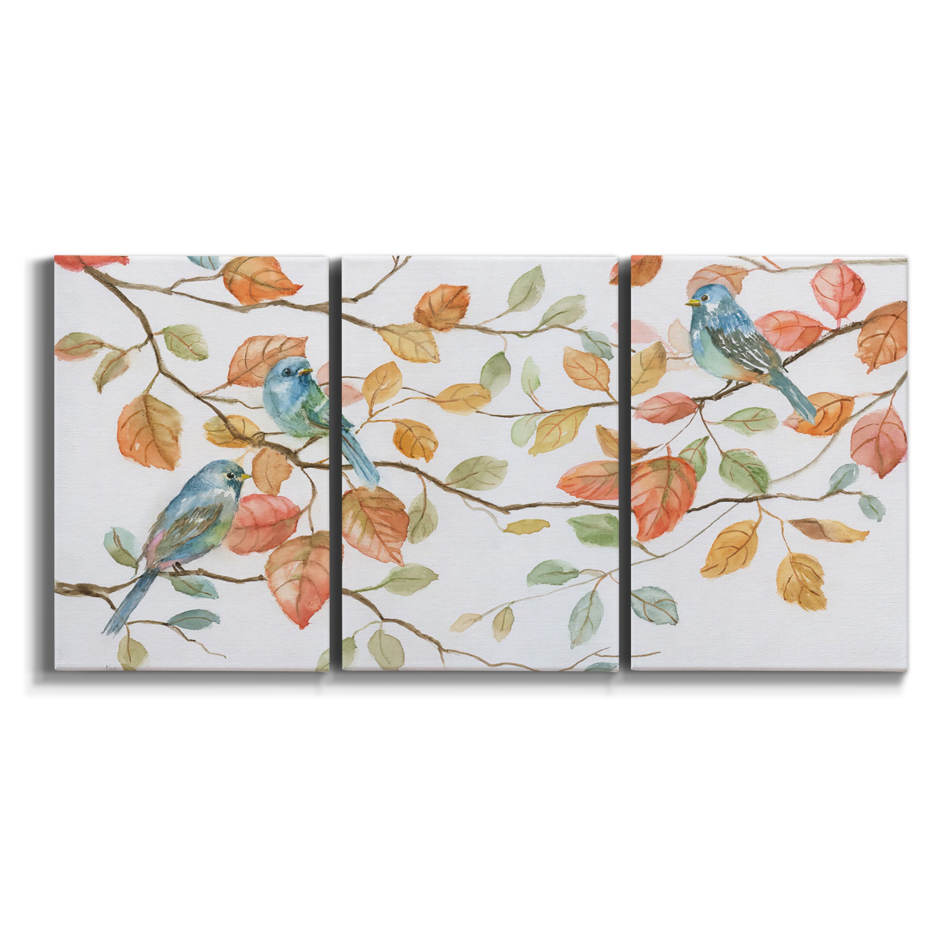 Three-panel canvas wall art featuring decorative bird trio illustration on white background.