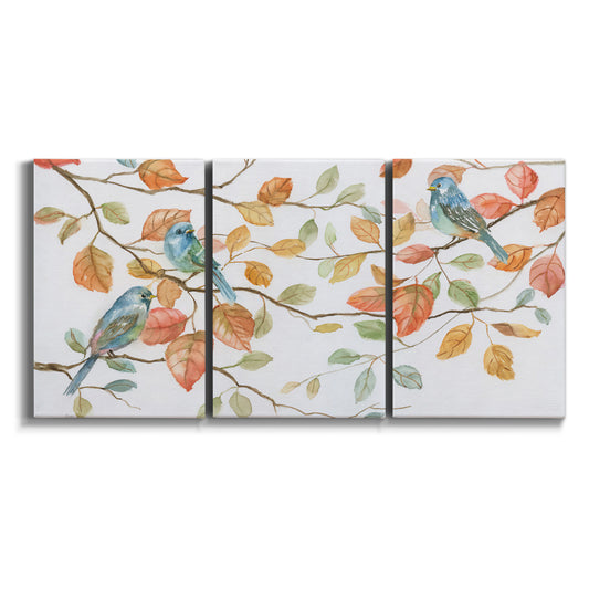 Three-panel canvas wall art featuring decorative bird trio illustration on white background.