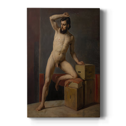 Canvas art print featuring a realistic study of a standing male nude with soft light and defined form on a clean white background.
