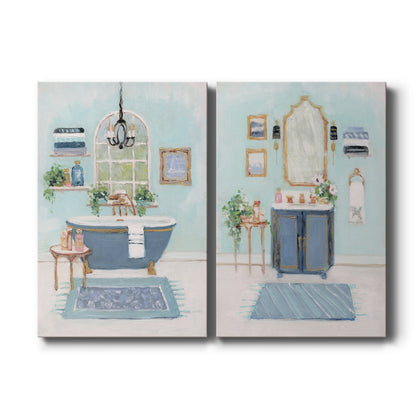 Set of two vertical canvas prints featuring vintage-inspired blue bathroom illustration, displayed side by side.