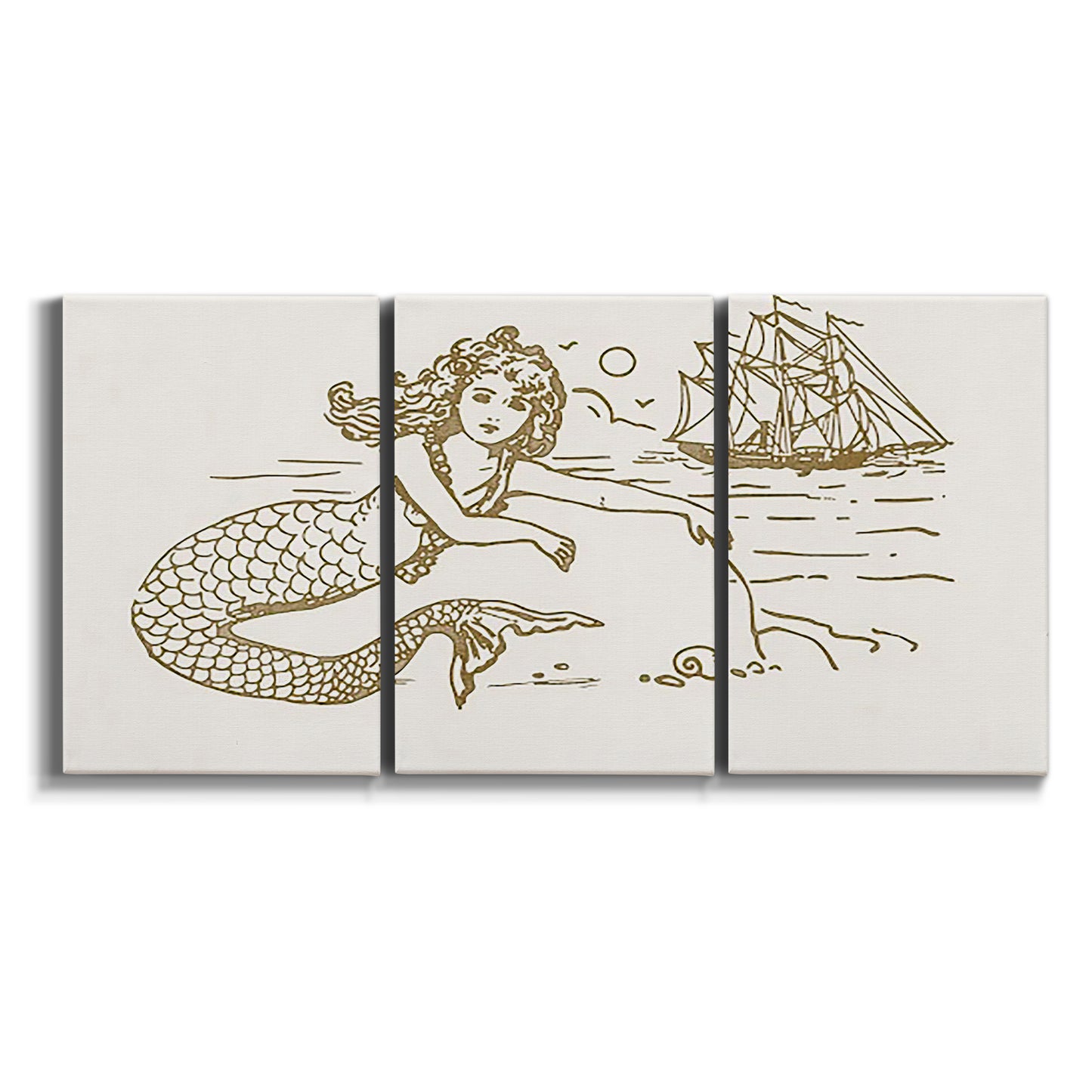 Three-panel canvas wall art featuring whimsical mermaid resting by sea on white background.