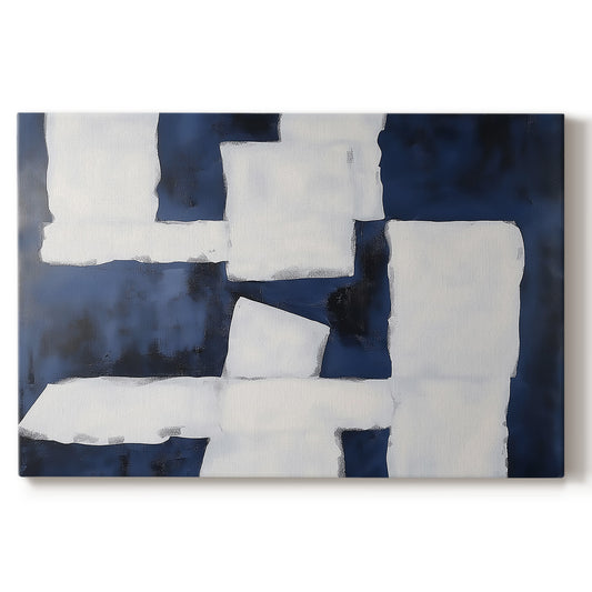 Abstract artwork featuring a contrast of navy blue and white shapes on canvas