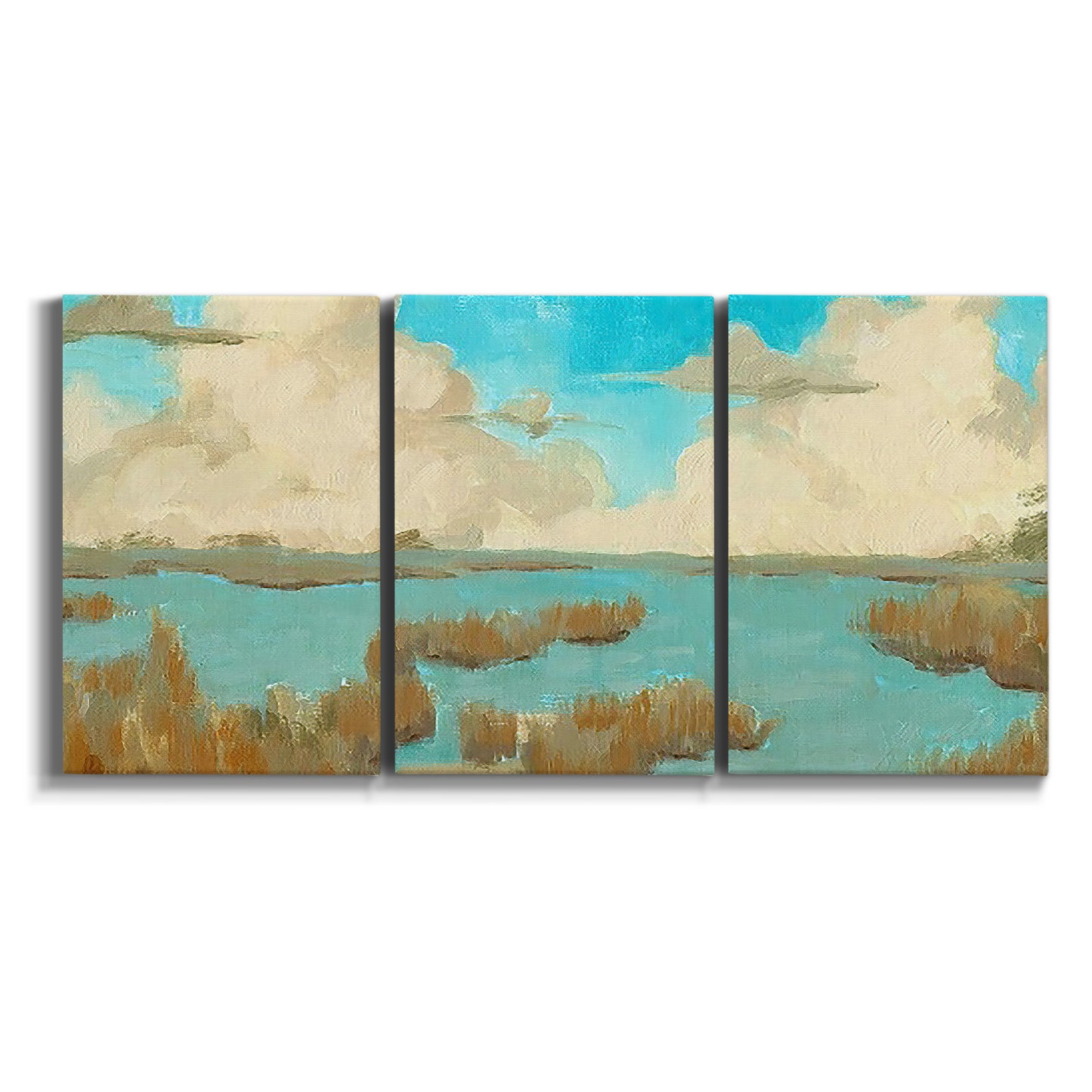 Three-panel canvas wall art featuring abstract pond scene with reflections on white background.