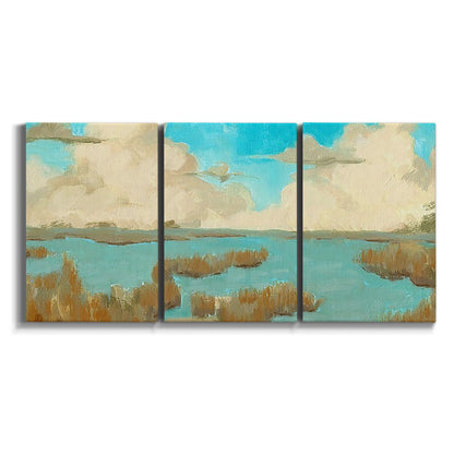 Three-panel canvas wall art featuring abstract pond scene with reflections on white background.