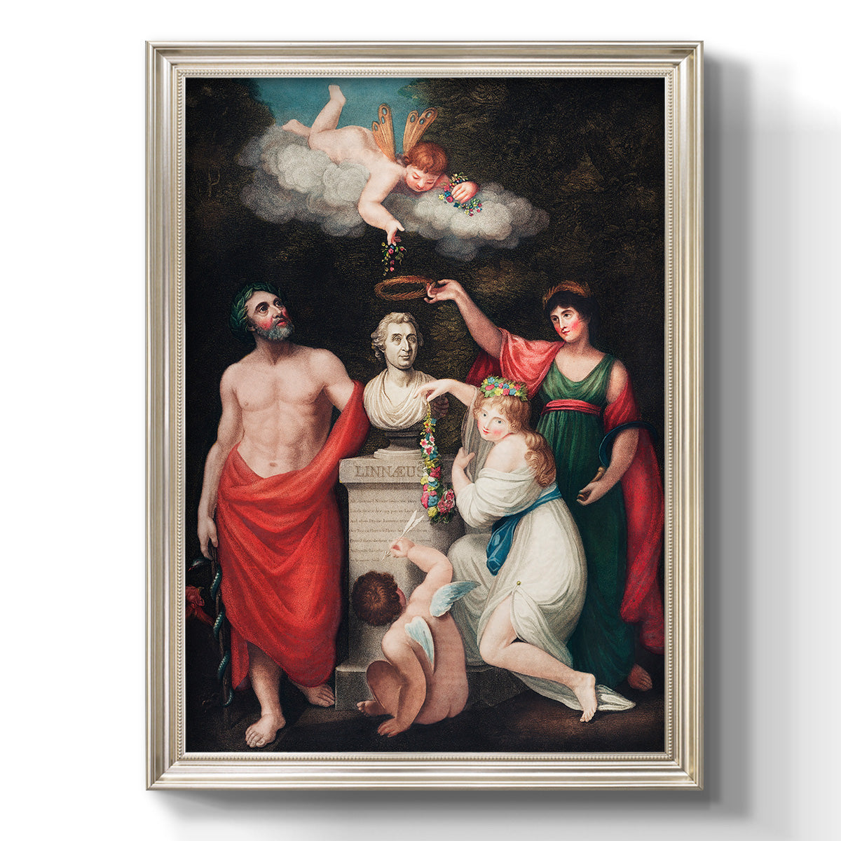 Classical allegorical painting honoring Linnaeus by Robert John Thornton printed on canvas in an ornate champagne frame with a vertical orientation.