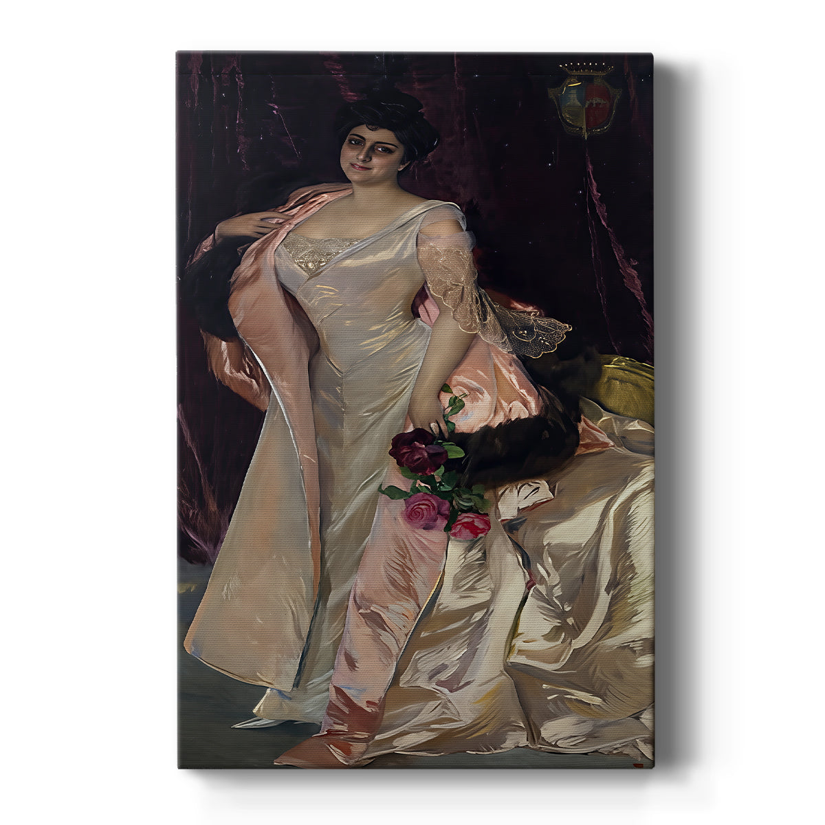 Canvas art print featuring an impressionist portrait of a seated woman in ornate dress with soft lighting on a clean white background.