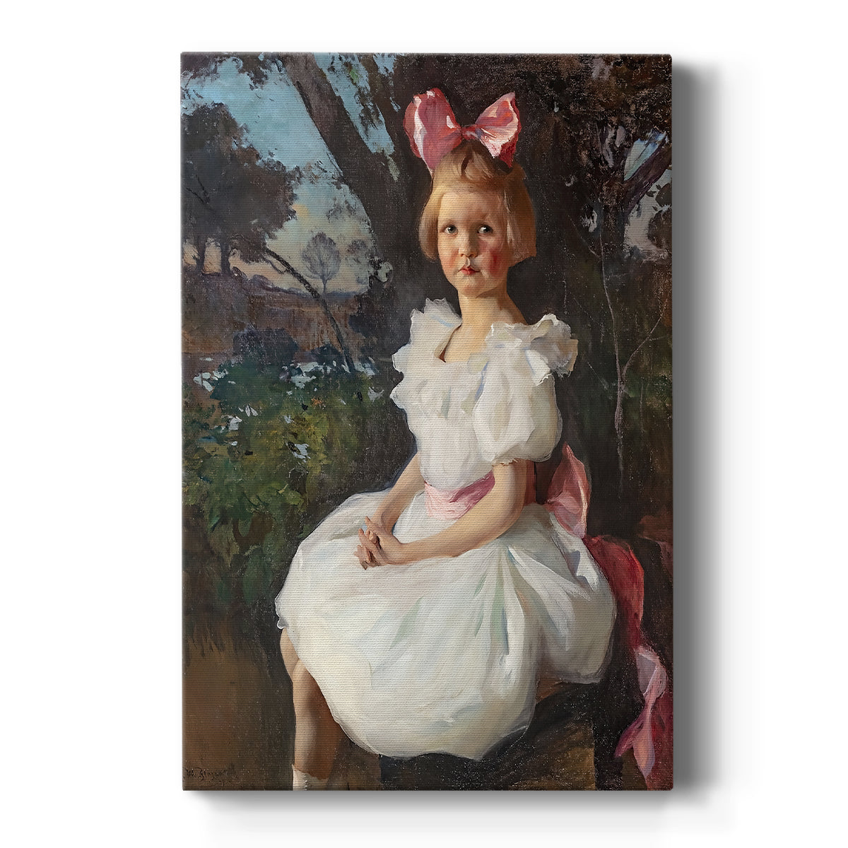 Canvas art print featuring an impressionist portrait of a woman in elegant attire with soft light on a clean white background.