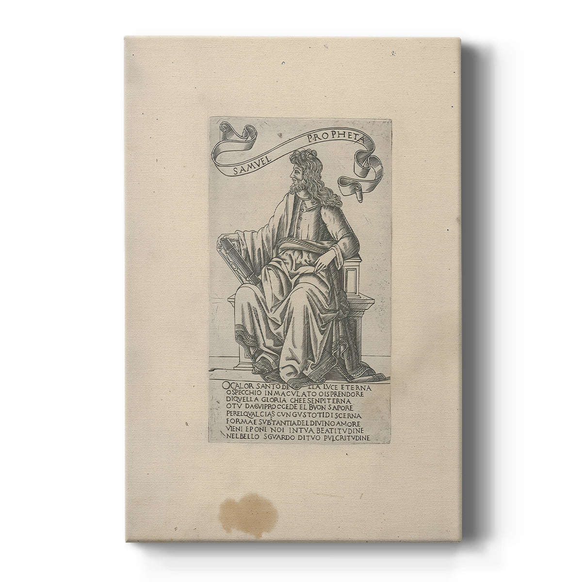 Canvas art print featuring a monochrome engraving of a prophet with detailed contours and text on a clean white background.