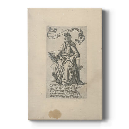 Canvas art print featuring a monochrome engraving of a prophet with detailed contours and text on a clean white background.