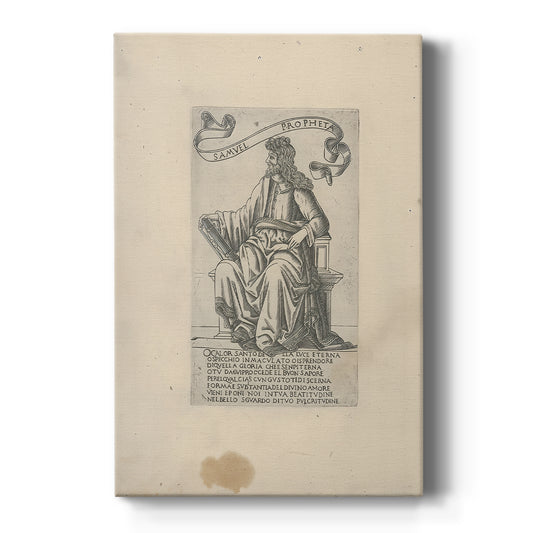 Canvas art print featuring a monochrome engraving of a prophet with detailed contours and text on a clean white background.