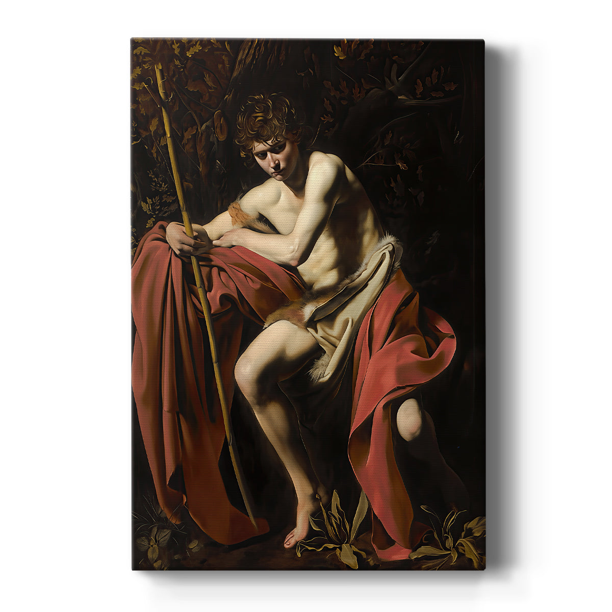 Canvas art print featuring a Baroque portrait of Saint John the Baptist seated in a dark setting on a clean white background.