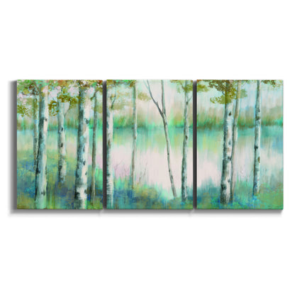 Three-panel canvas wall art featuring calm lake framed by aspen trees on white background.