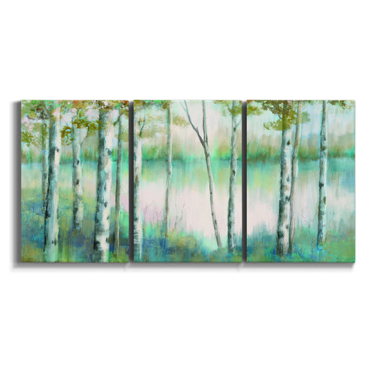 Three-panel canvas wall art featuring calm lake framed by aspen trees on white background.