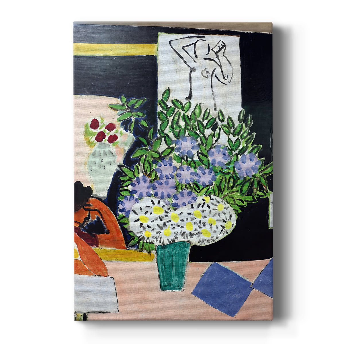 Canvas art print featuring a fauvist scene of a figure reading against a deep black background on a clean white background.