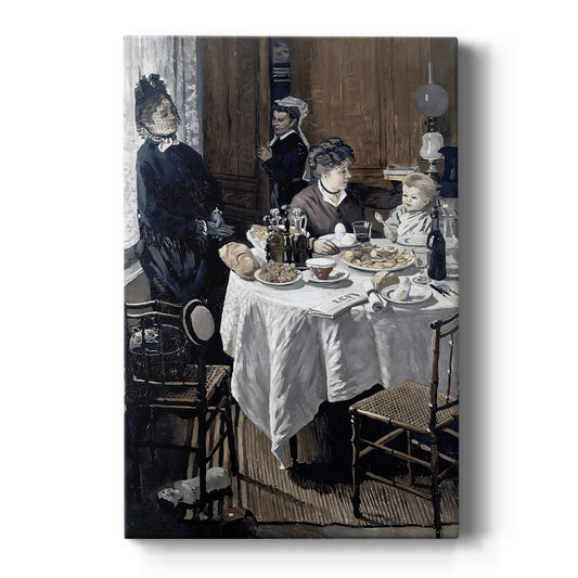 Canvas art print featuring an impressionist interior scene of figures gathered around a dining table on a clean white background.