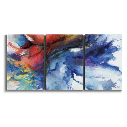 Three-panel canvas wall art featuring vibrant abstract color explosion on white background.