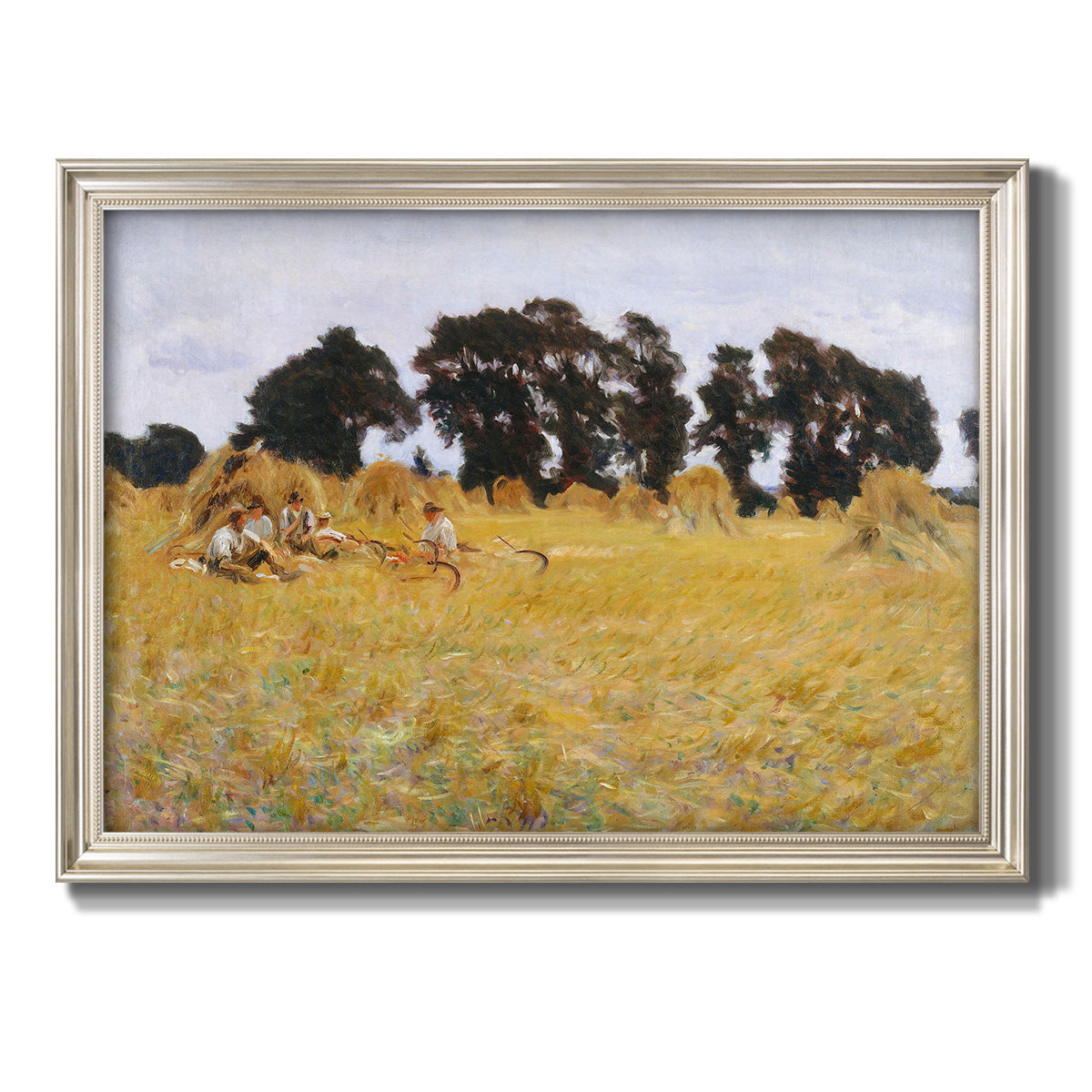 Impressionist rural harvest scene by John Singer Sargent printed on canvas in an ornate champagne frame.
