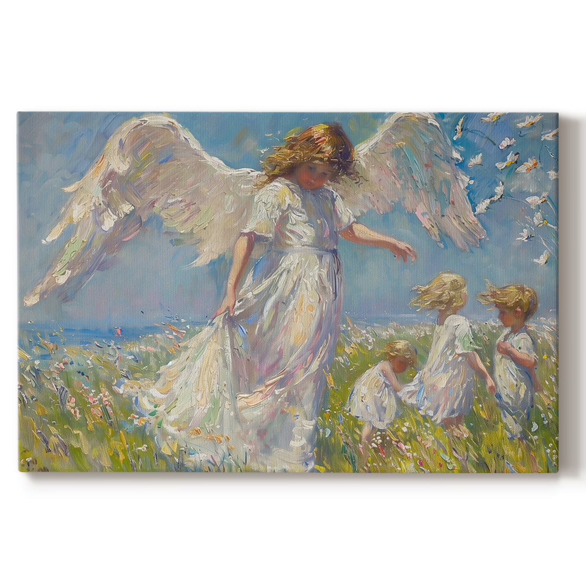angel,children,meadow,wildflowers,wings,innocence,exploration,nature,sky,sunlight,serene,vibrant,interaction,joy,outdoors,pastoral,fantasy,gentle,beauty,scenery,playful,purity,guardianship,soft,figures,bright,blooming,connection,ethereal,dreamlike,harmony,background,landscape,tranquility,soft colors,inspiring,uplifting,whimsical,family,growth,wonder,freedom
