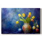 Colorful tulips in a decorative vase against a blue abstract background showcasing the beauty of spring flowers