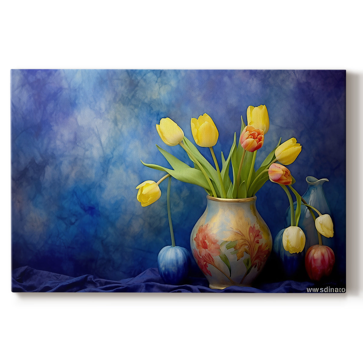Colorful tulips in a decorative vase against a blue abstract background showcasing the beauty of spring flowers