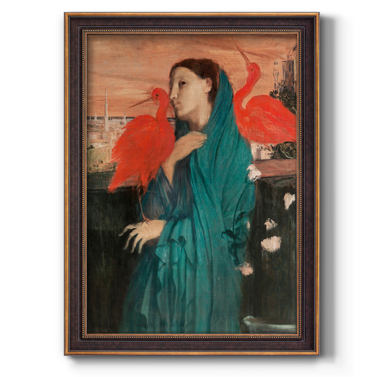 Impressionist portrait of a young woman with an ibis by Edgar Degas printed on canvas in an ornate weathered white frame with a vertical orientation.