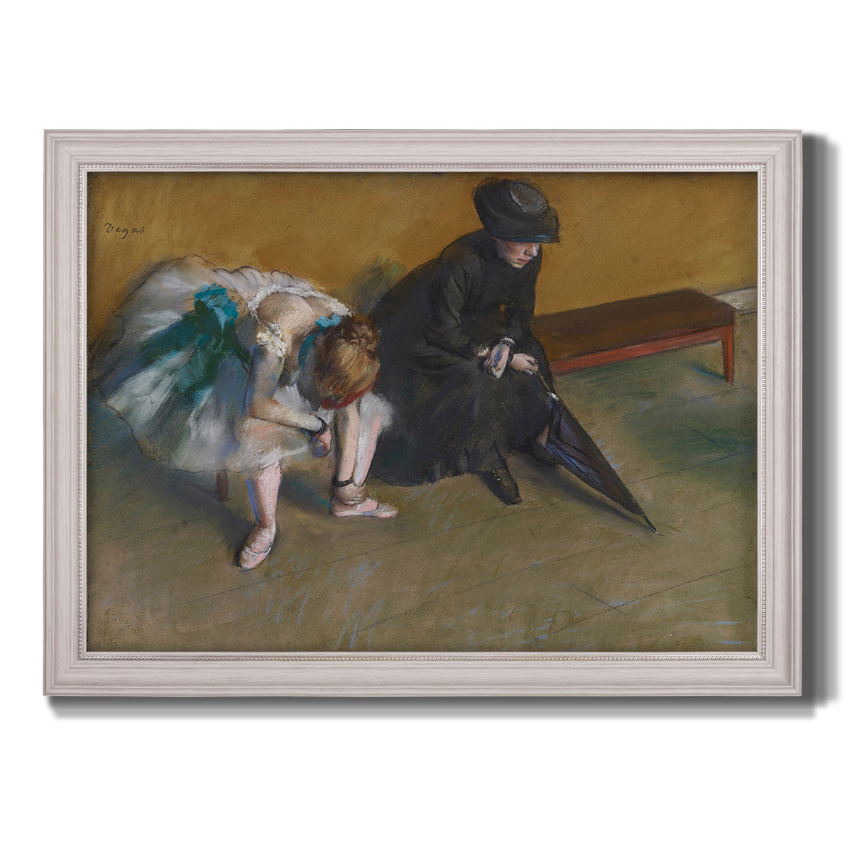 Impressionist portrait of a seated woman by Edgar Degas printed on canvas in an ornate weathered white frame.