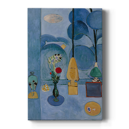 Canvas art print featuring a fauvist still life of a window scene with flowers and bold blue tones on a clean white background.