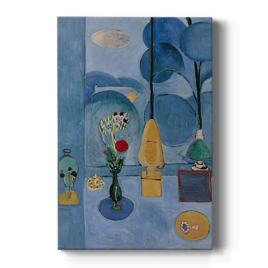 Canvas art print featuring a fauvist still life of a window scene with flowers and bold blue tones on a clean white background.