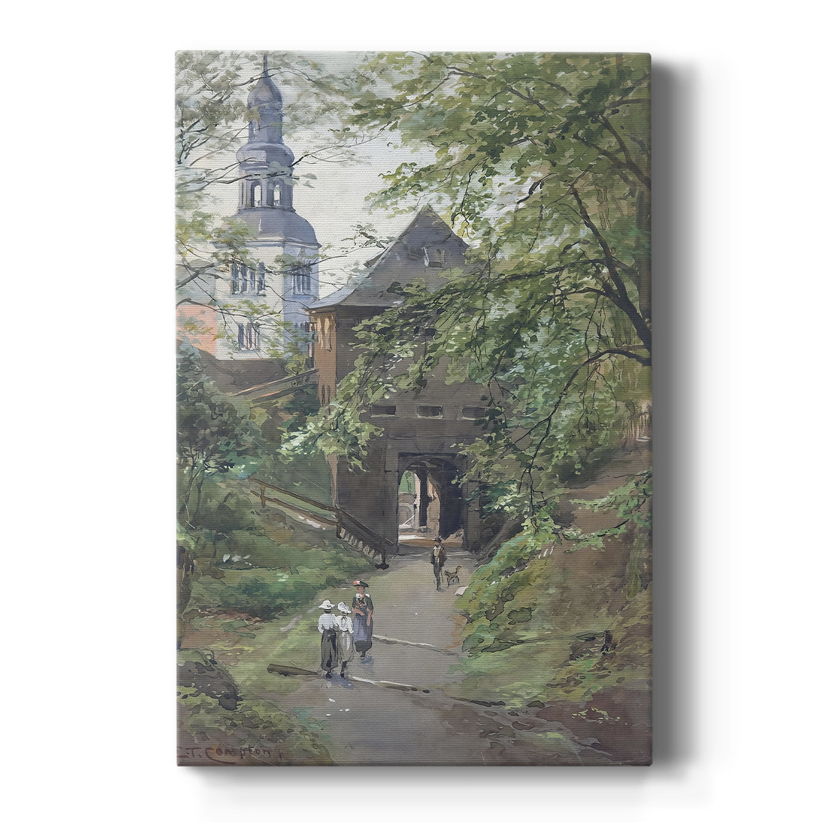 Canvas art print featuring a realistic architectural scene of historic buildings in a quiet urban setting on a clean white background.