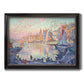 Impressionist Mediterranean harbor painting by Paul Signac printed on canvas in an ornate black frame with gilded inner detail.