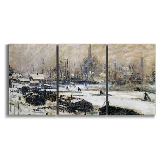 Three-panel canvas wall art featuring snowy village road in winter on white background.