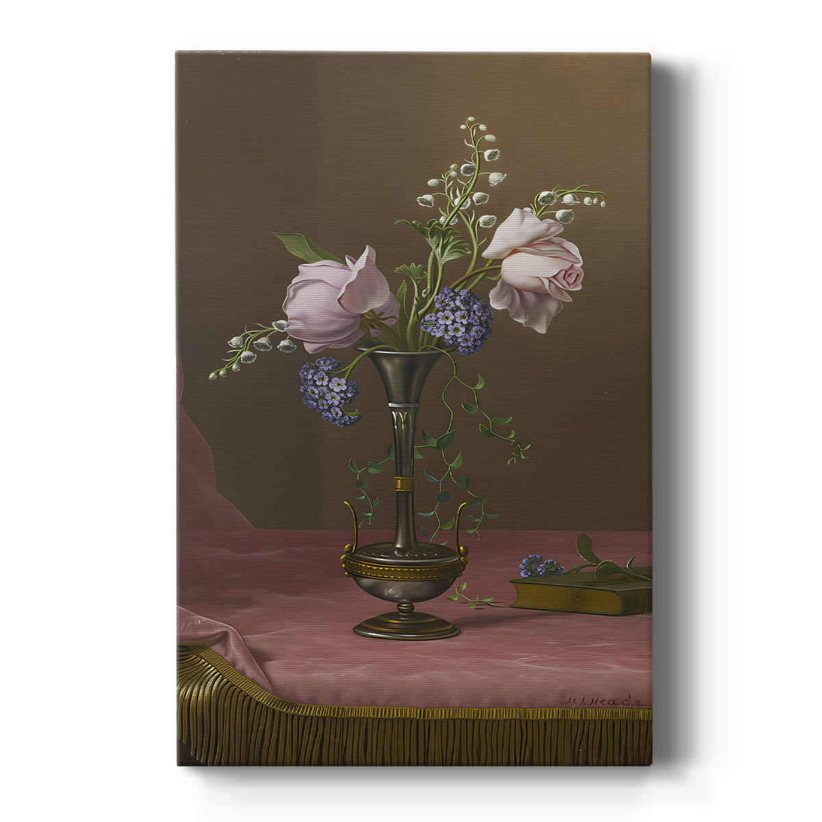Canvas art print featuring a still life of mixed flowers in a decorative vase with soft light on a clean white background.