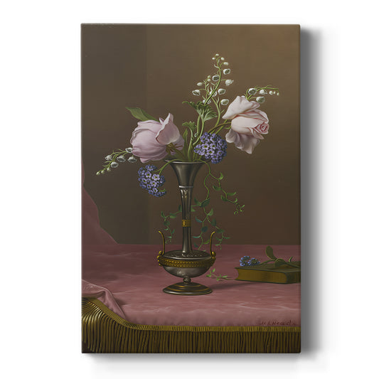 Canvas art print featuring a still life of mixed flowers in a decorative vase with soft light on a clean white background.