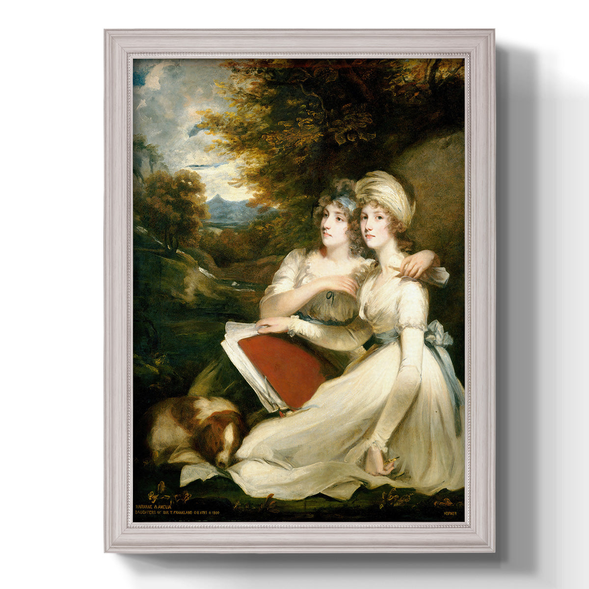 Classical portrait of the Frankland sisters by John Hoppner printed on canvas in an ornate weathered white frame with a vertical orientation.
