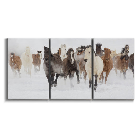 Three-panel canvas wall art featuring horses running across snowy pasture on white background.