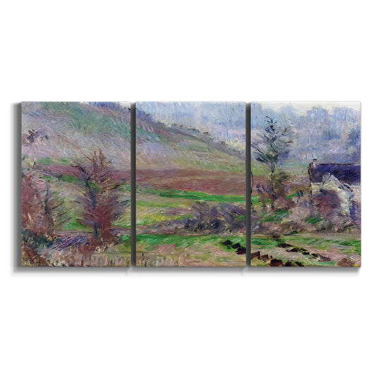 Three-panel canvas wall art featuring cliffside cottage overlooking sea on white background.