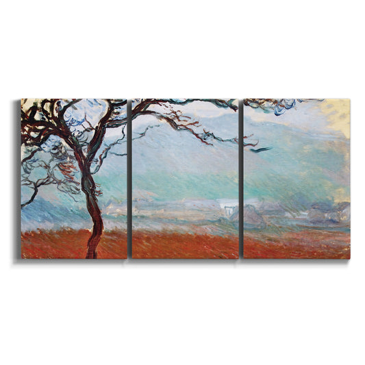 Three-panel canvas wall art featuring coastal trees at evening light on white background.