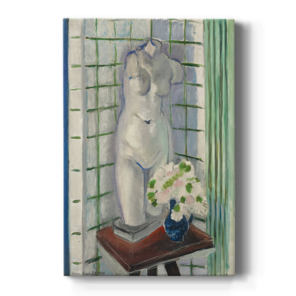 Canvas art print featuring a fauvist still life with a plaster torso and flowers in a decorative setting on a clean white background.
