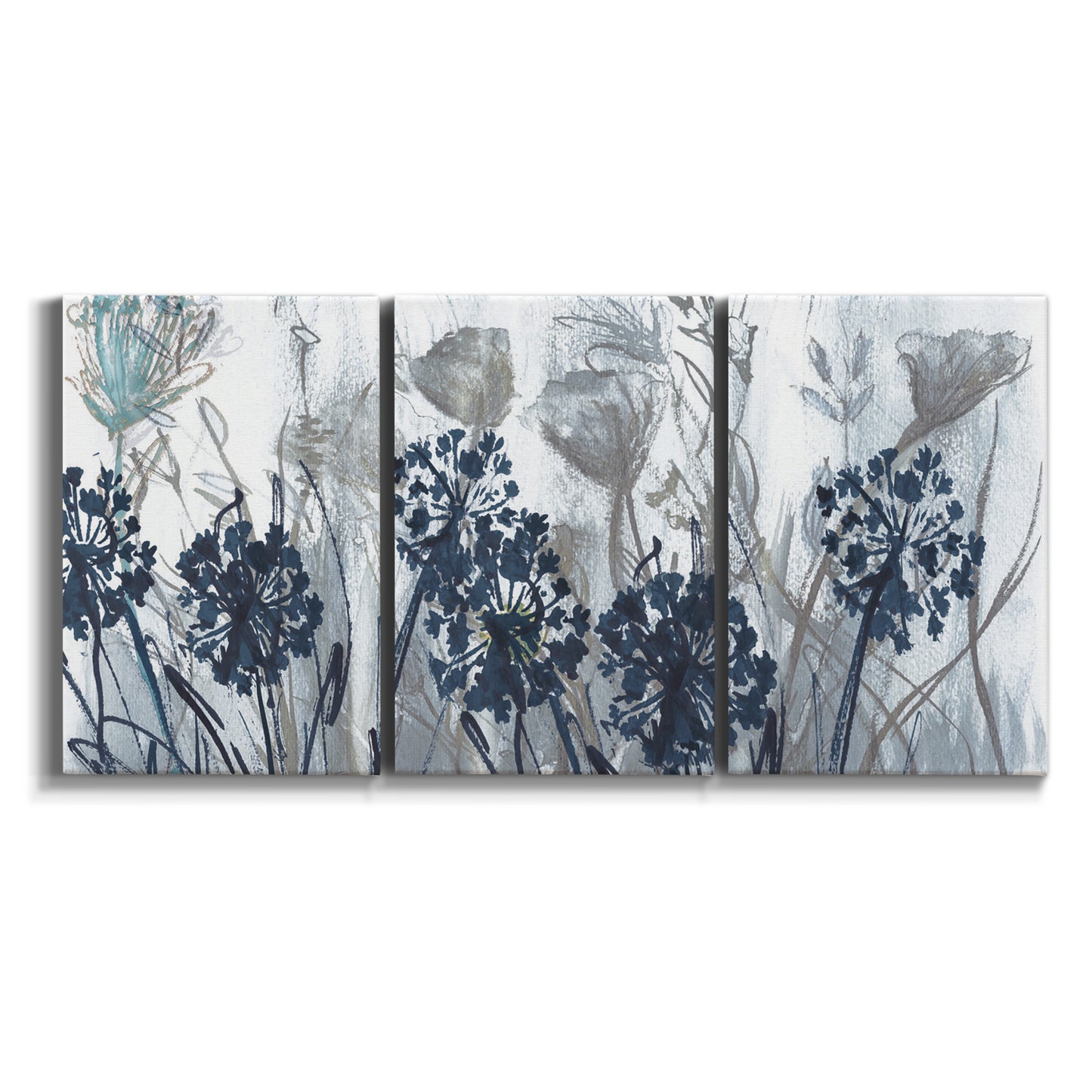 Three-panel canvas wall art featuring indigo floral abstraction on white background.