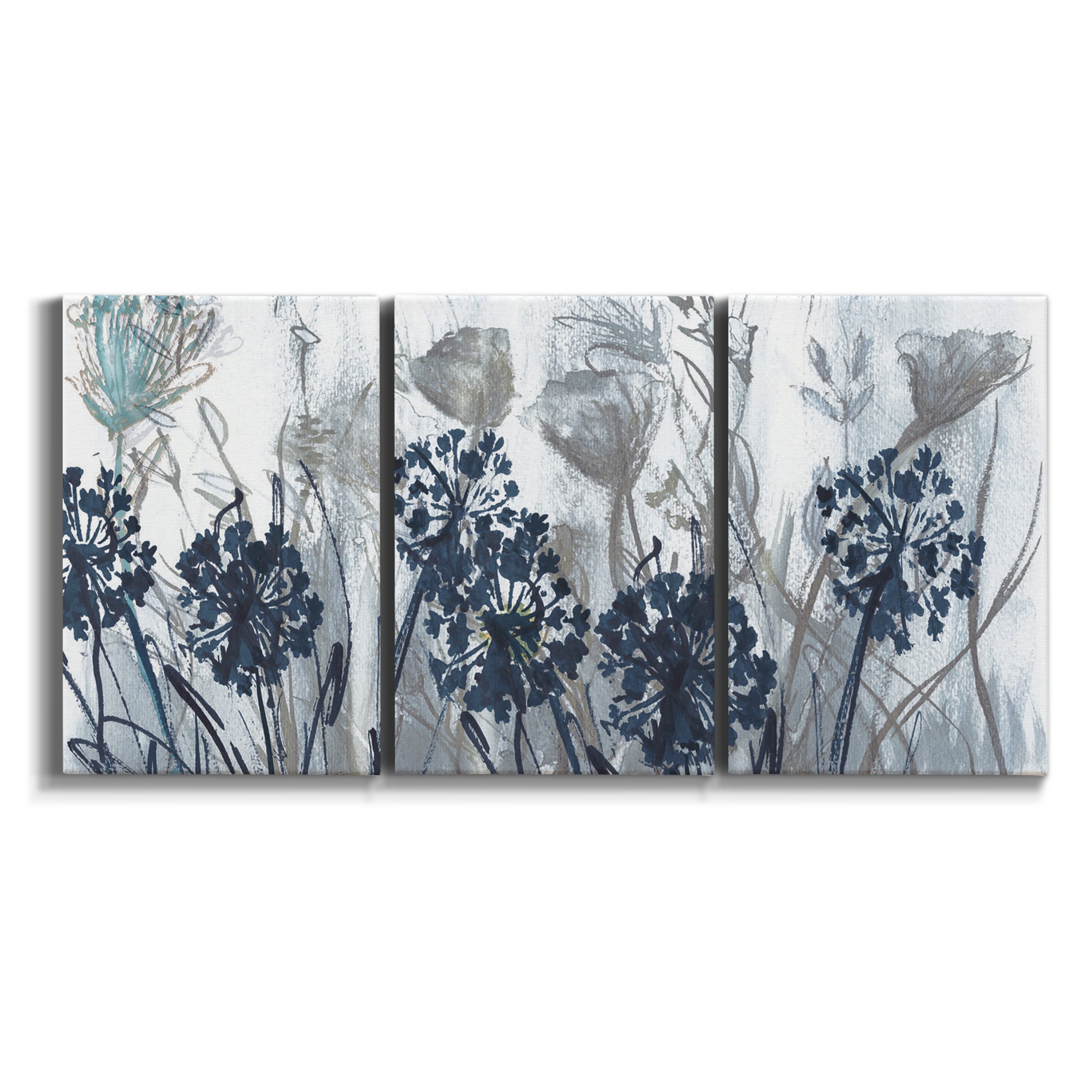 Three-panel canvas wall art featuring indigo floral abstraction on white background.